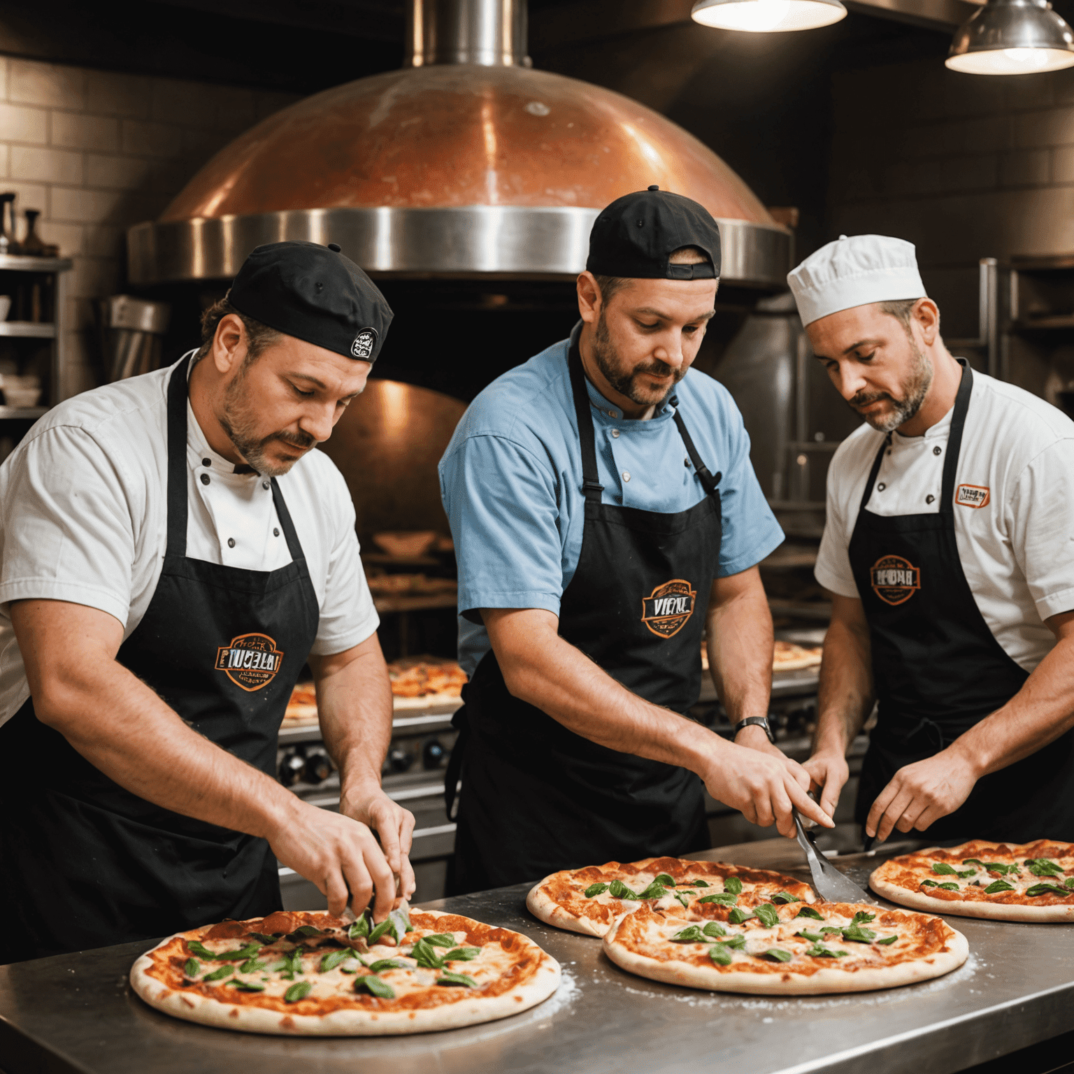 Il team di 1win Pizzeria al lavoro nella cucina, preparando pizze con cura e passione. Si vedono pizzaioli esperti che stendono la pasta, aggiungono condimenti freschi e infornano le pizze in forni a legna tradizionali.