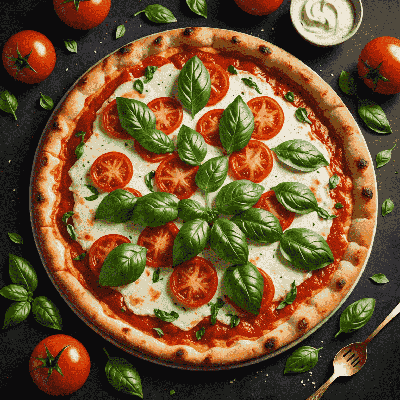 Una pizza Margherita perfettamente preparata, con mozzarella fresca fusa, pomodori rossi maturi e foglie di basilico verde brillante su una crosta dorata e sottile