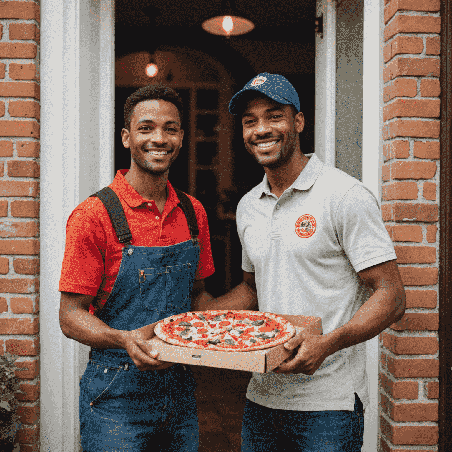 Un corriere 1win Pizzeria che consegna una pizza calda e fumante a un cliente sorridente sulla porta di casa