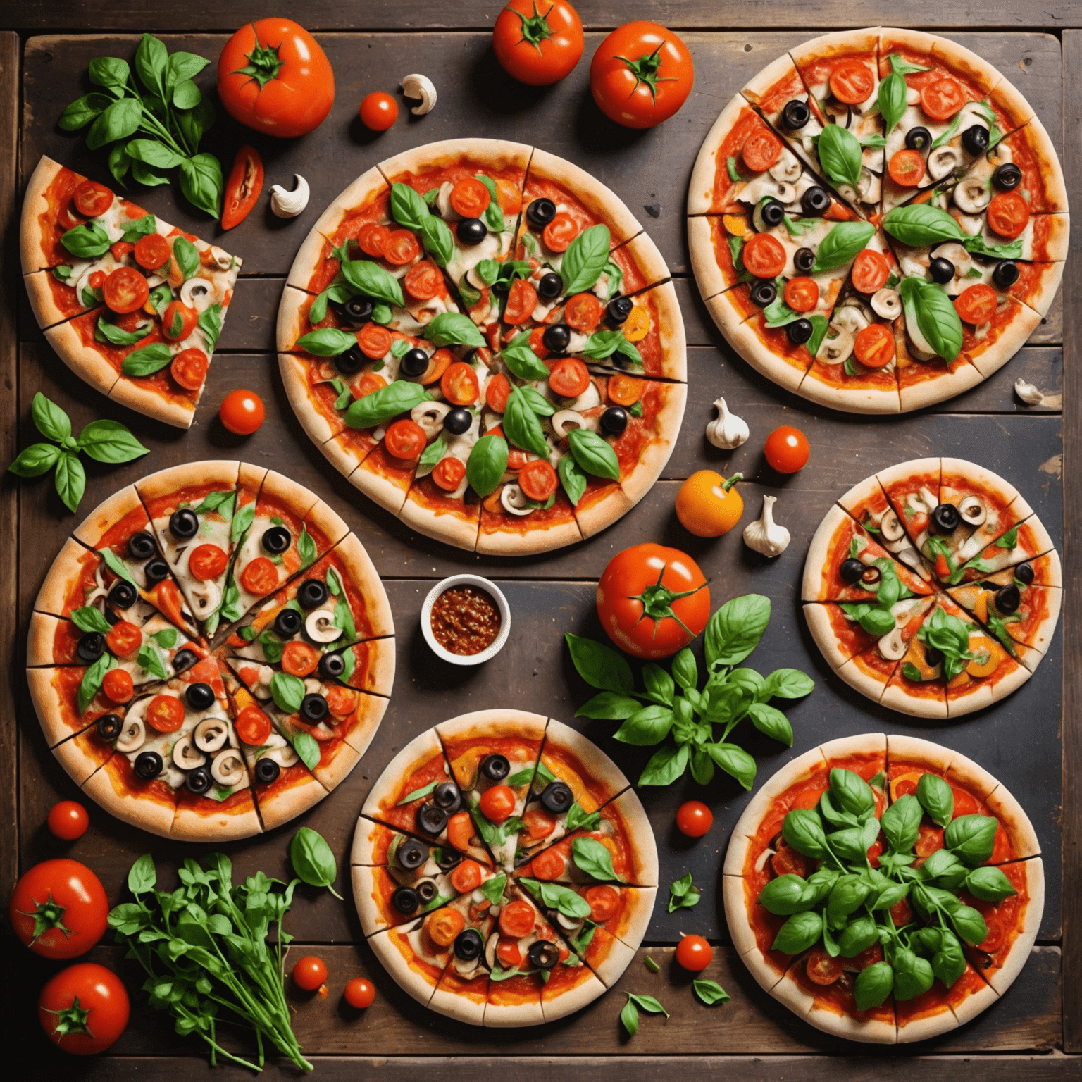 Una selezione di pizze vegetariane colorate e appetitose, disposte su un tavolo di legno rustico. Le pizze mostrano una varietà di verdure fresche come pomodori, peperoni, funghi e rucola.