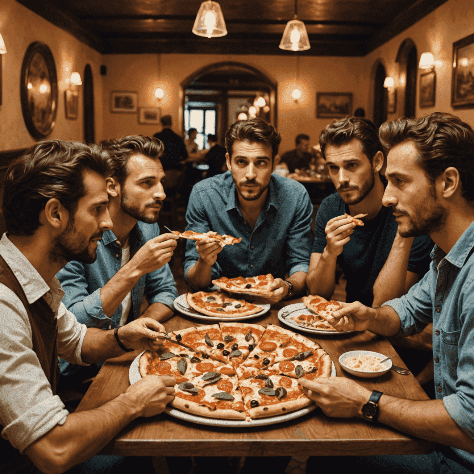 Un gruppo di italiani che mangiano pizza in un ristorante tradizionale, dimostrando la corretta etichetta