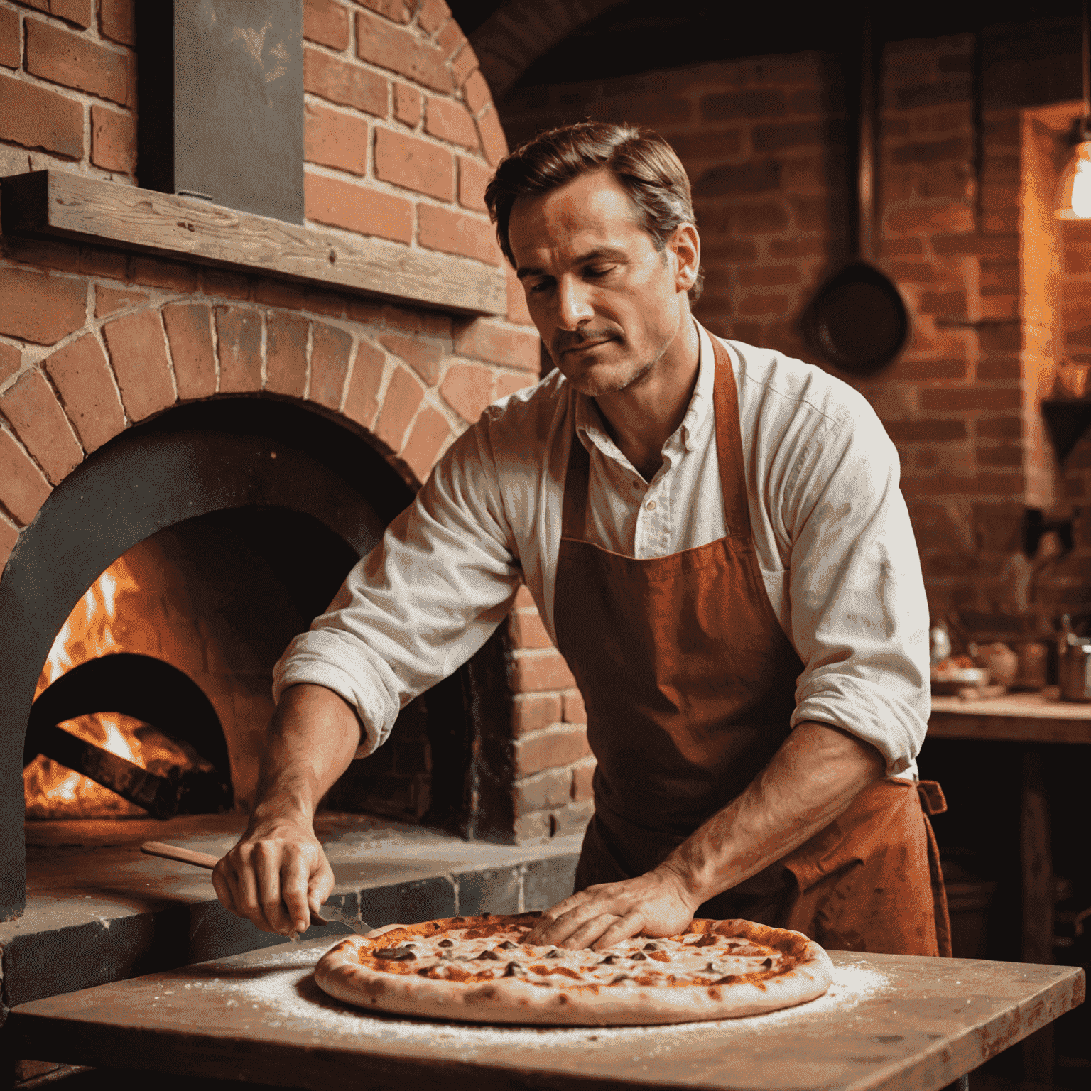 Un pizzaiolo che stende l'impasto della pizza a mano, con un forno a legna acceso sullo sfondo